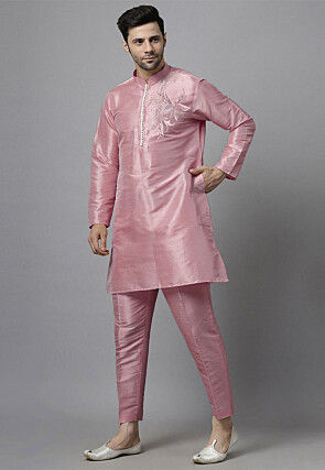 Embroidered Dupion Silk Kurta Set in Pink