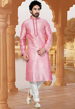 Embroidered Dupion Silk Kurta Set in Pink