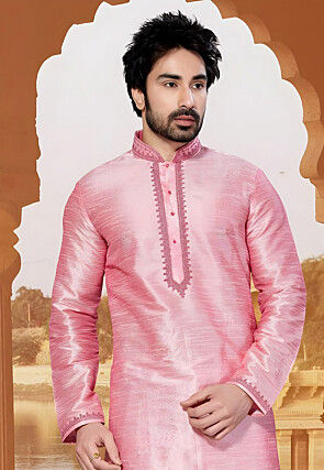 Embroidered Dupion Silk Kurta Set in Pink