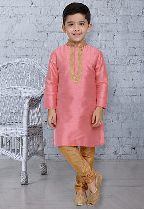 Embroidered Dupion Silk Kurta Set in Pink