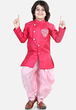 Embroidered Dupion Silk Kurta Set in Pink