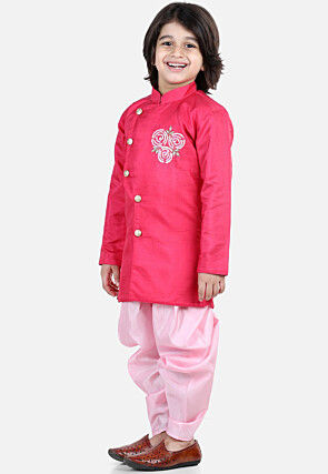 Embroidered Dupion Silk Kurta Set in Pink