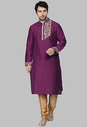 Embroidered Dupion Silk Kurta Set in Purple