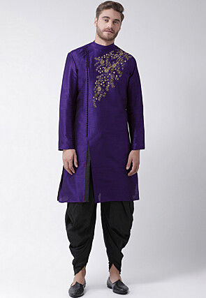 Embroidered Dupion Silk Kurta Set in Purple