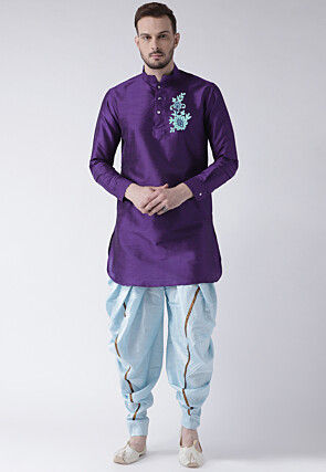 Embroidered Dupion Silk Kurta Set in Purple