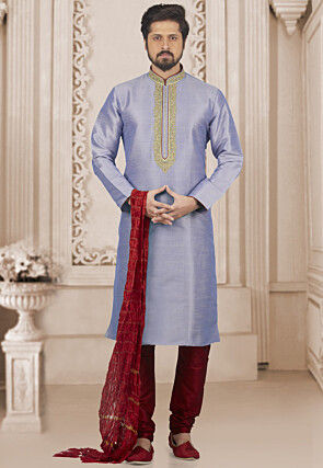 Embroidered Dupion Silk Kurta Set in Purple