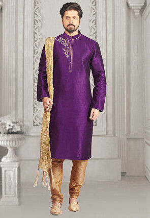 Embroidered Dupion Silk Kurta Set in Purple
