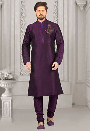 Embroidered Dupion Silk Kurta Set in Purple