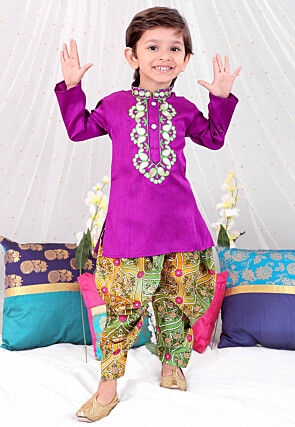 Embroidered Dupion Silk Kurta Set in Purple