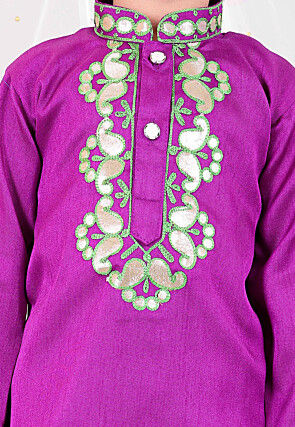 Embroidered Dupion Silk Kurta Set in Purple
