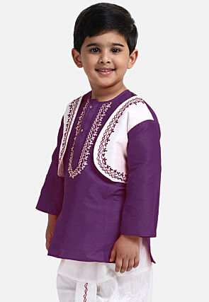 Embroidered Dupion Silk Kurta Set in Purple