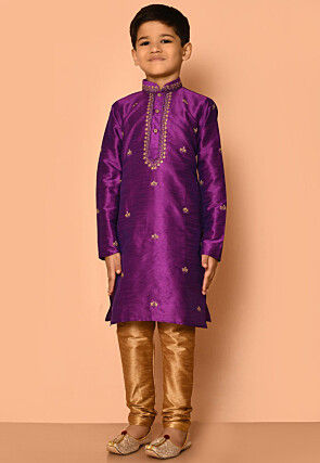 Embroidered Dupion Silk Kurta Set in Purple