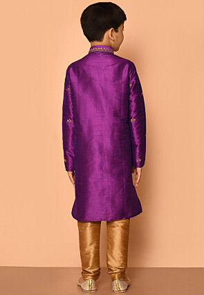 Embroidered Dupion Silk Kurta Set in Purple
