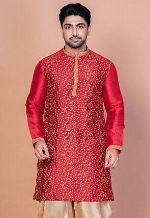 Embroidered Dupion Silk Kurta in Red