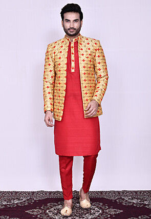 Embroidered Dupion Silk Kurta Set in Red