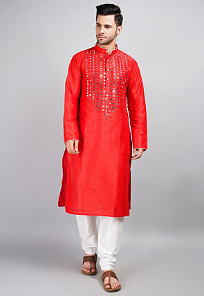 Embroidered Dupion Silk Kurta Set in Red
