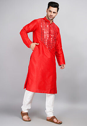 Embroidered Dupion Silk Kurta Set in Red