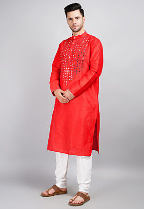 Embroidered Dupion Silk Kurta Set in Red