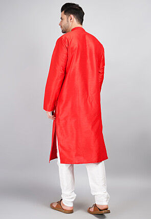 Embroidered Dupion Silk Kurta Set in Red