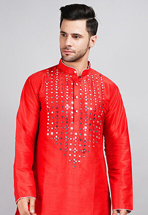 Embroidered Dupion Silk Kurta Set in Red