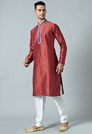 Embroidered Dupion Silk Kurta Set in Red