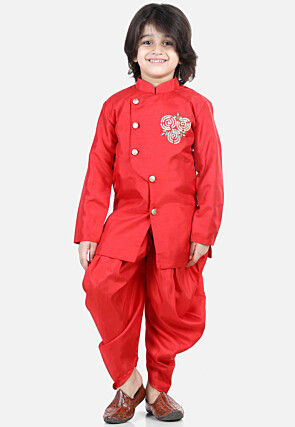 Embroidered Dupion Silk Kurta Set in Red