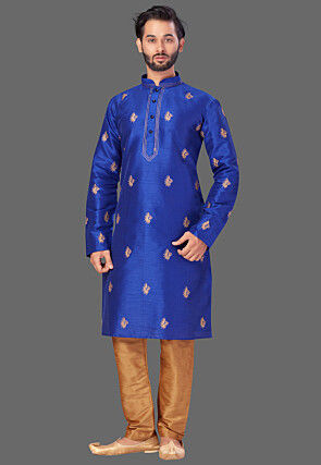 Embroidered Dupion Silk Kurta Set in Royal Blue