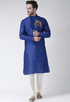 Embroidered Dupion Silk Kurta Set in Royal Blue