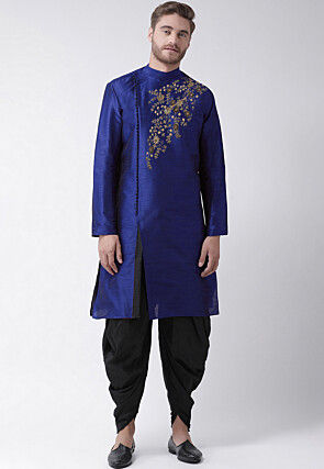 Embroidered Dupion Silk Kurta Set in Royal Blue