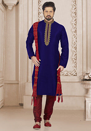 Embroidered Dupion Silk Kurta Set in Royal Blue