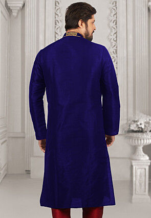 Embroidered Dupion Silk Kurta Set in Royal Blue