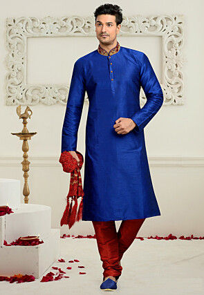 Embroidered Dupion Silk Kurta Set in Royal Blue