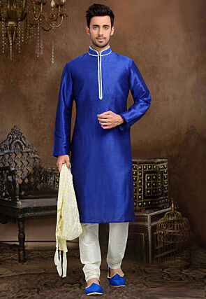 Embroidered Dupion Silk Kurta Set in Royal Blue