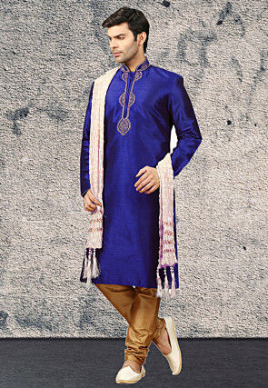 Embroidered Dupion Silk Kurta Set in Royal Blue