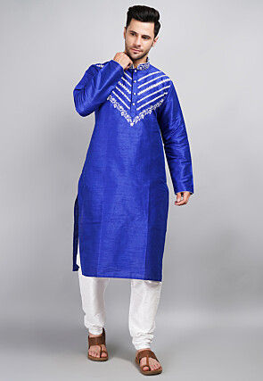 Embroidered Dupion Silk Kurta Set in Royal Blue