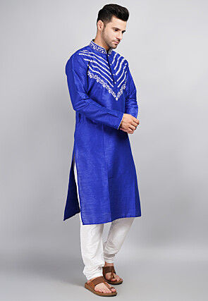 Embroidered Dupion Silk Kurta Set in Royal Blue