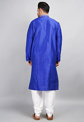 Embroidered Dupion Silk Kurta Set in Royal Blue