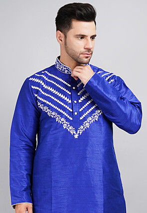 Embroidered Dupion Silk Kurta Set in Royal Blue
