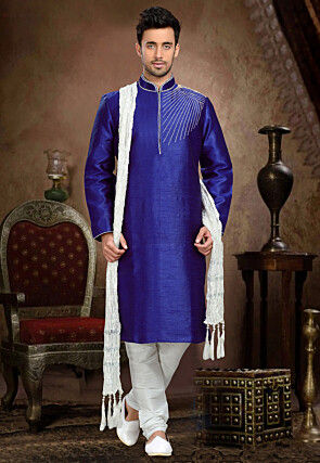 Embroidered Dupion Silk Kurta Set in Royal Blue