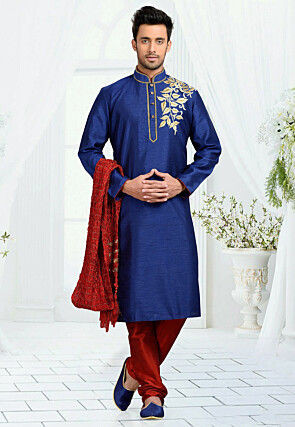 Embroidered Dupion Silk Kurta Set in Royal Blue