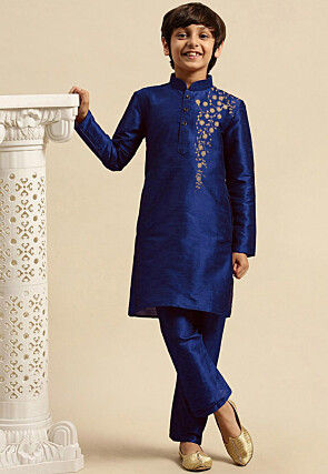 Embroidered Dupion Silk Kurta Set in Royal Blue
