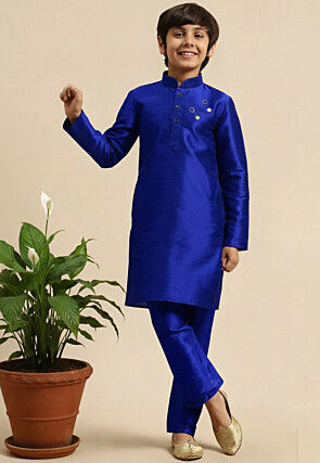 Embroidered Dupion Silk Kurta Set in Royal Blue
