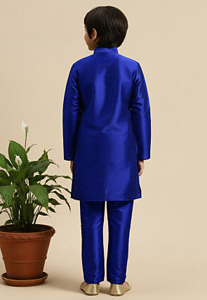 Embroidered Dupion Silk Kurta Set in Royal Blue