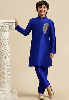 Embroidered Dupion Silk Kurta Set in Royal Blue