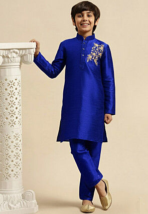 Embroidered Dupion Silk Kurta Set in Royal Blue