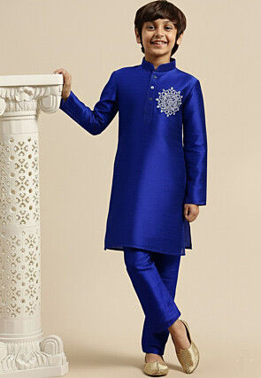 Embroidered Dupion Silk Kurta Set in Royal Blue