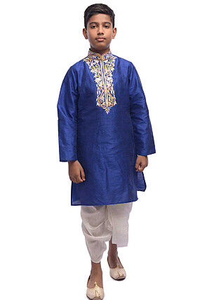 Embroidered Dupion Silk Kurta Set in Royal Blue