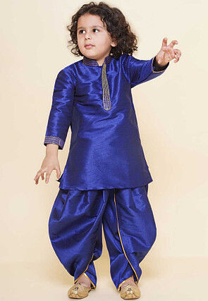 Embroidered Dupion Silk Kurta Set in Royal Blue