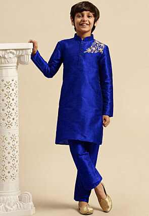 Embroidered Dupion Silk Kurta Set in Royal Blue
