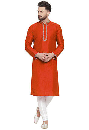 Embroidered Dupion Silk Kurta Set in Rust